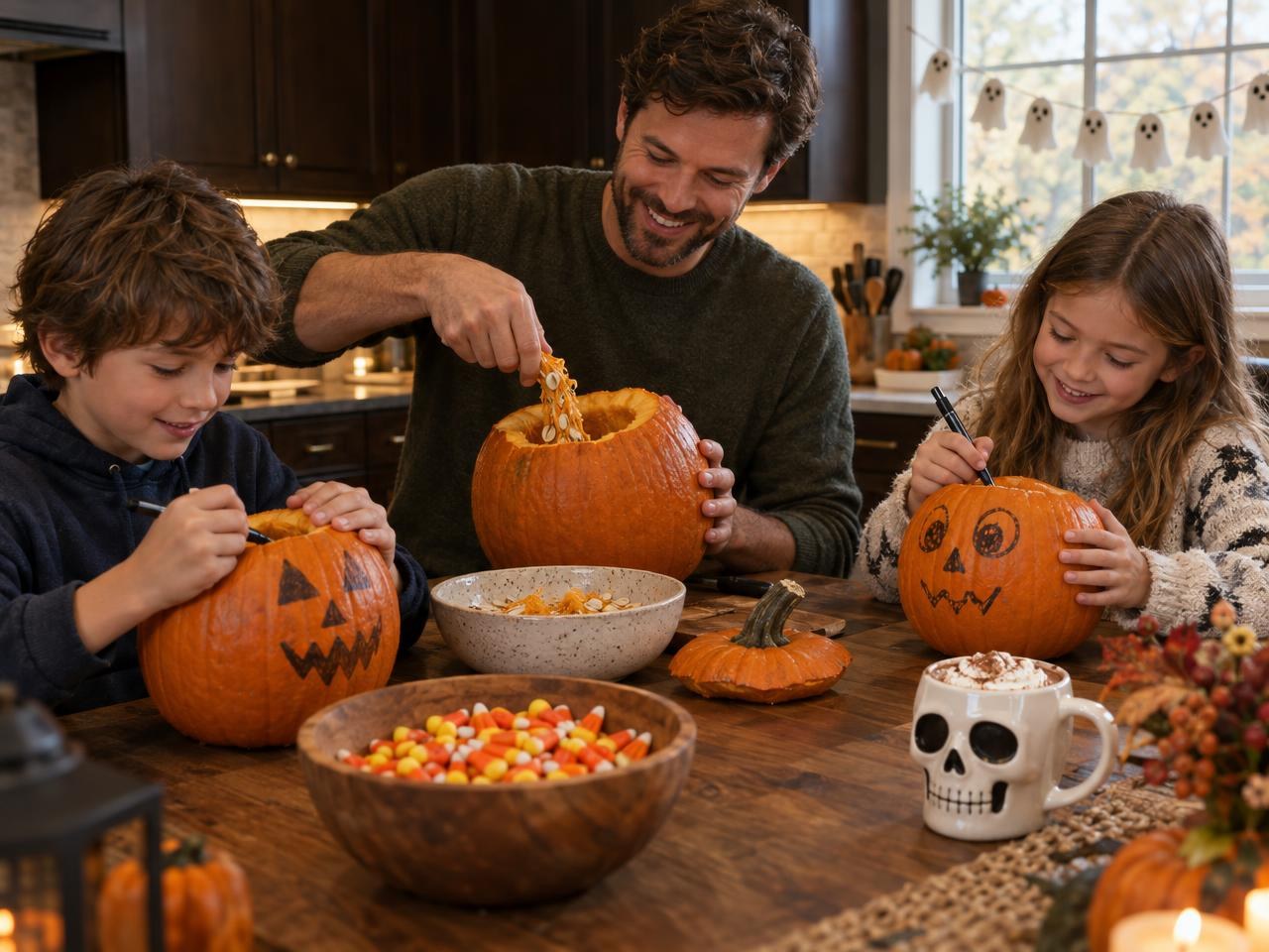 Family carving pumpkins at the kitchen table